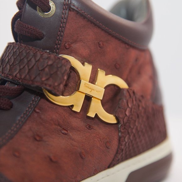 SALVATORE FERRAGAMO Size 9 Burgundy Leather Nayon Gancio High Top Sneakers - Picture 5 of 15